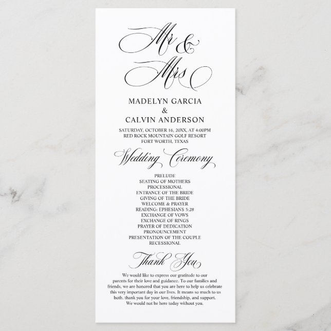 New Mr and Mrs, Classy Wedding Ceremony Programme (Front)