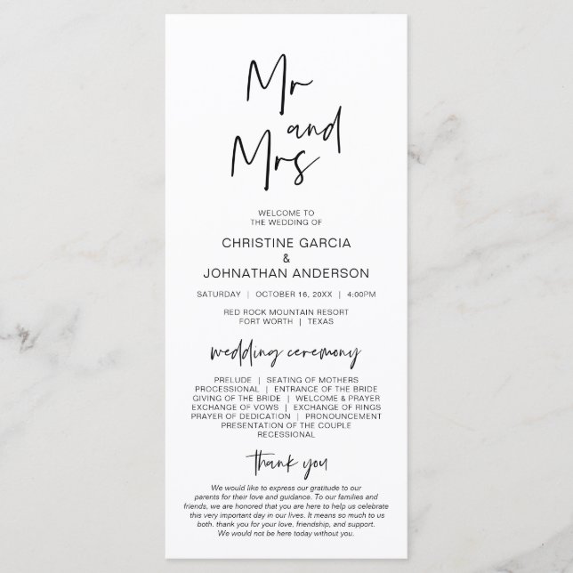 New Mr and Mrs, Modern Minimalist Wedding Program Programme (Front)