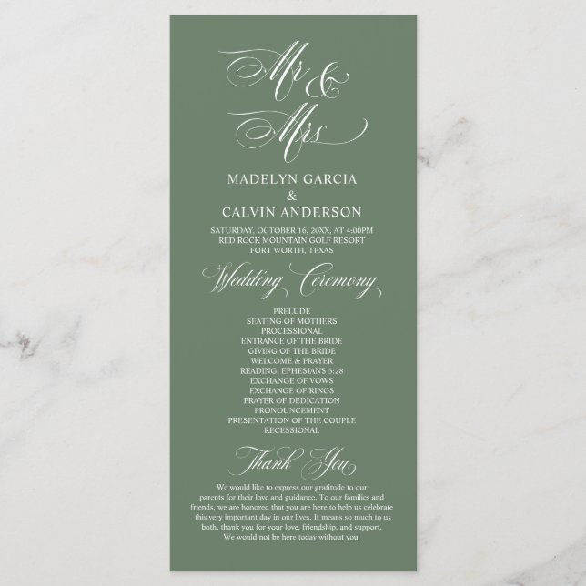 New Mr and Mrs, Sage Green, Wedding Ceremony Programme (Front)
