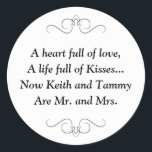 New Mr and Mrs Wedding Poem Classic Round Sticker<br><div class="desc">This charming Mr. and Mrs. round sticker features a darling poem personalised with the bride and groom's names. This would be a perfect sticker to accent a favour box holding Hershey Kisses.</div>