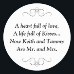 New Mr and Mrs Wedding Poem Classic Round Sticker<br><div class="desc">This charming Mr. and Mrs. round sticker features a darling poem personalised with the bride and groom's names. This would be a perfect sticker to accent a favour box holding Hershey Kisses.</div>