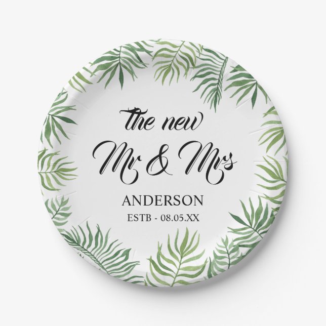 New Mr & Mrs  Foliage Wedding Party Paper Plate (Front)