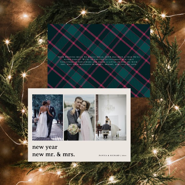 New Mr. & Mrs. | Green & Pink Tartan Wedding Holiday Card (Creator Uploaded)