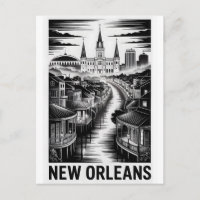 New Orleans Louisiana Skyline Black White Woodcut