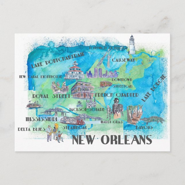 New Orleans Louisiana Travel Map  Postcard (Front)