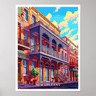 New Orleans Louisiana Travel Vintage Illustration Poster