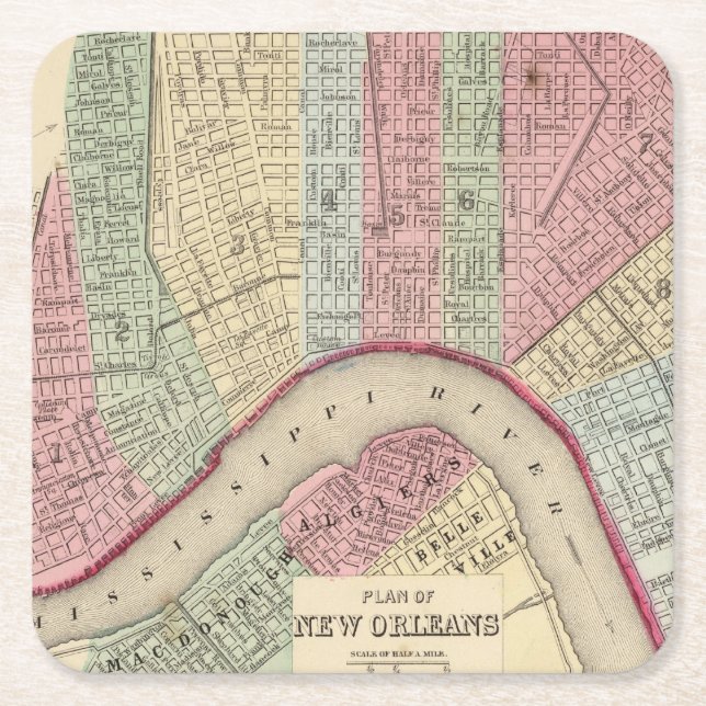 New Orleans Map by Mitchell Square Paper Coaster (Front)