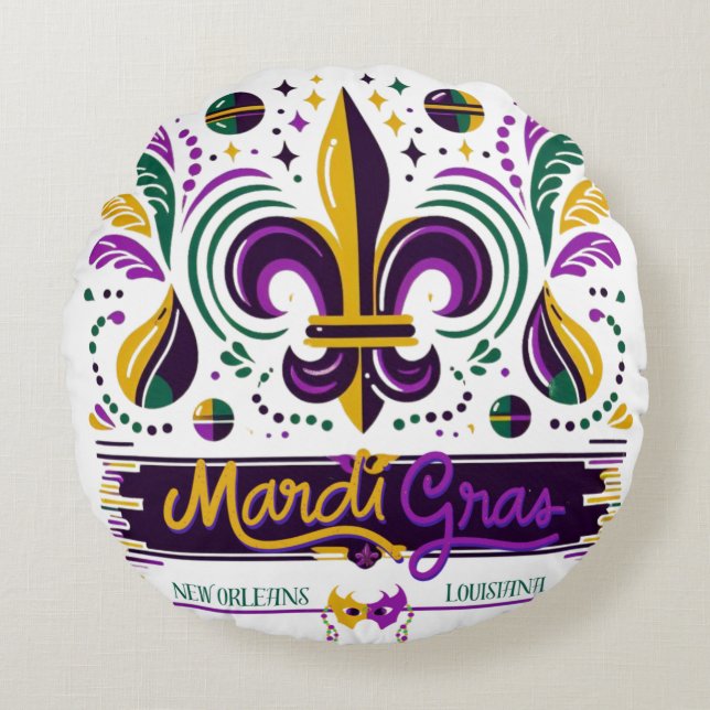New Orleans Mardi Gras purple yellow green Round Cushion (Front)