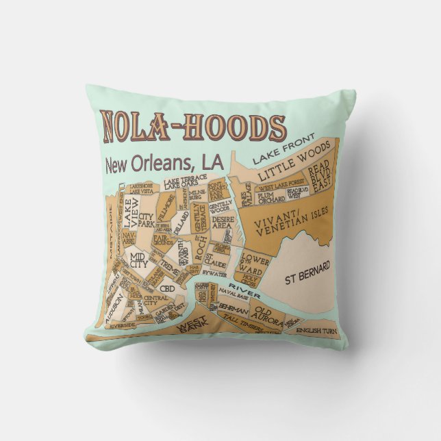 New Orleans Neighbourhoods Map, NOLA_HOODS Cushion (Front)