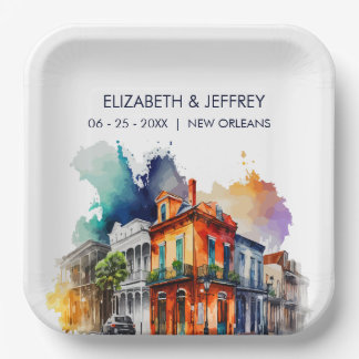New Orleans Nola Louisiana - Watercolor  Wedding Paper Plate