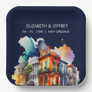 New Orleans Nola Louisiana - Watercolor  Wedding Paper Plate