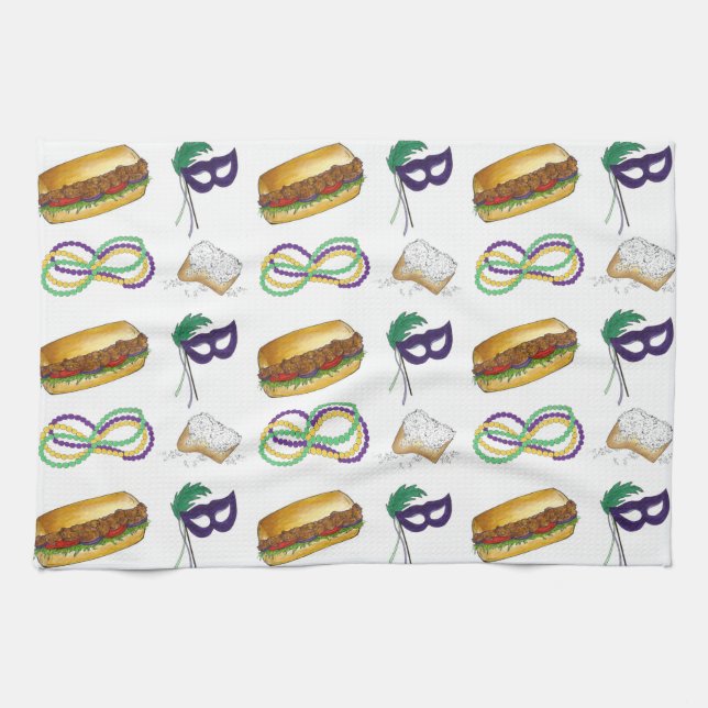 New Orleans NOLA Mardi Gras Beads Food Mask Tea Towel (Horizontal)