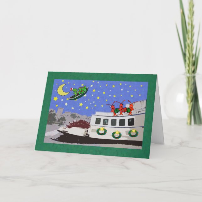 New Orleans River Boat Crawfish Alligator Xmas Holiday Card (Front)