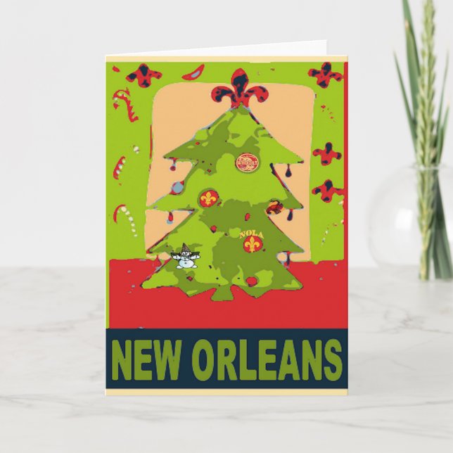 New Orleans Snowman Christmas Tree Holiday Card (Front)