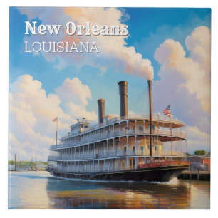 New Orleans Steamboat Riverboat Boat on River Tile