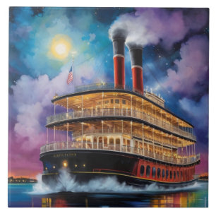 New Orleans Steamboat Riverboat Boat on River Tile