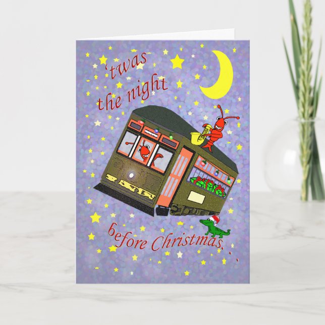 New Orleans Street Car and Crawfish Christmas Holiday Card (Front)