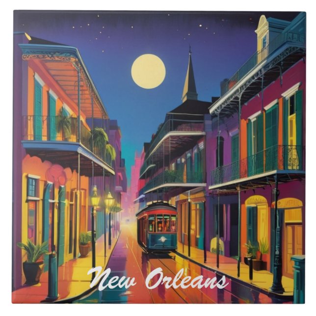 New Orleans Street & Streetcar by Night Tile (Front)