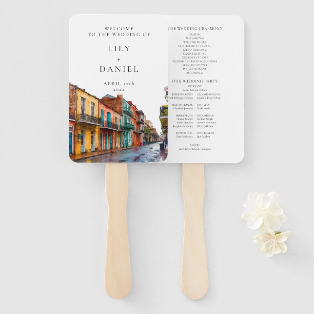 New Orleans Watercolor Wedding Program Hand Fan (Front and Back)