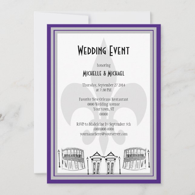 New Orleans Wedding Event Invite (purple/silver) (Front)