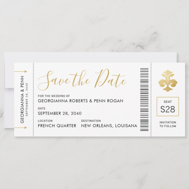 New Orleans Wedding Fleur De Lis Boarding Pass Save The Date (Front)