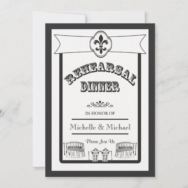 New Orleans Wedding Rehearsal Dinner Black White Invitation (Front)