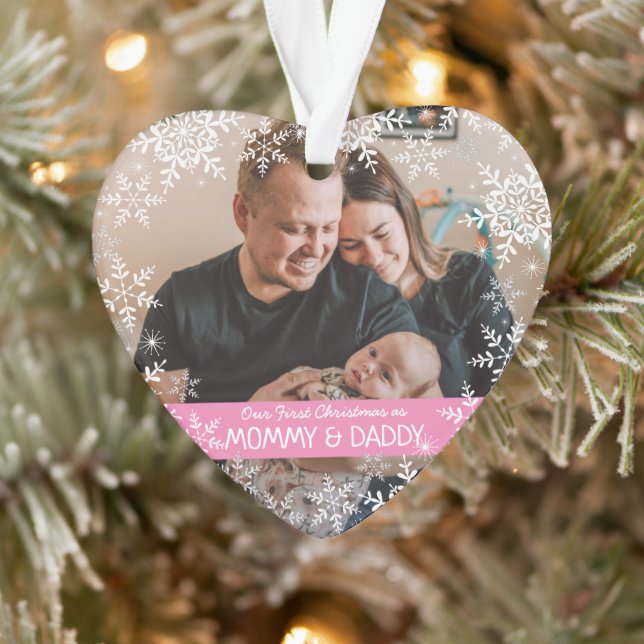 New Parents First Christmas Snowflakes Pink Photo Ornament (Tree)