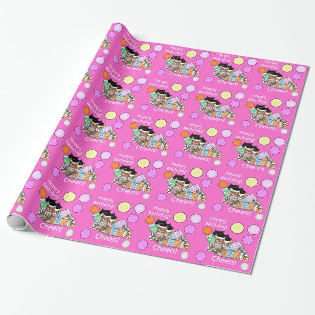 New Pink Cat Birthday Cheers! Gift Wrapping Paper (Unrolled)