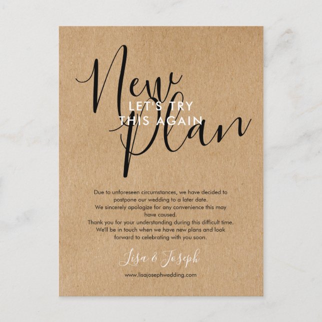 New Plan Change the Date Photo Wedding Cancelled  Announcement Postcard (Front)
