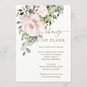 New Plans Pink Flowers Bridal Shower Postponed Invitation