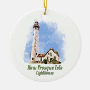New Presque Isle Lighthouse Watercolor - Michigan Ceramic Tree Decoration