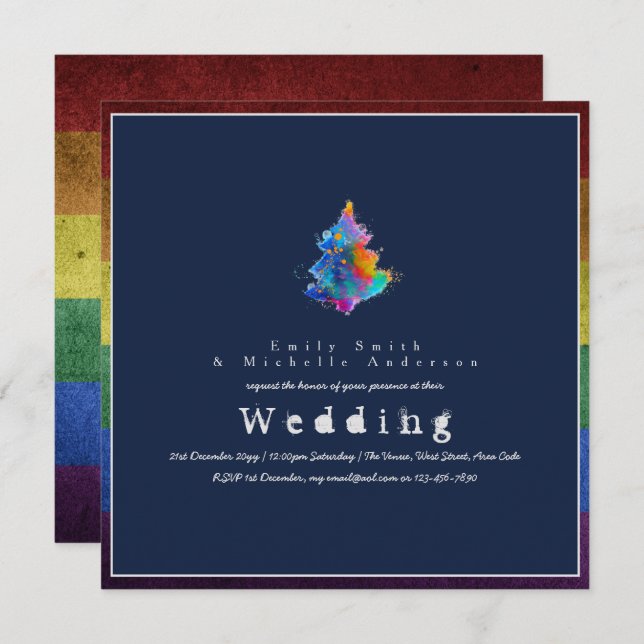 NEW Rainbow Christmas Tree LGBT Pride Gay Wedding Invitation (Front/Back)