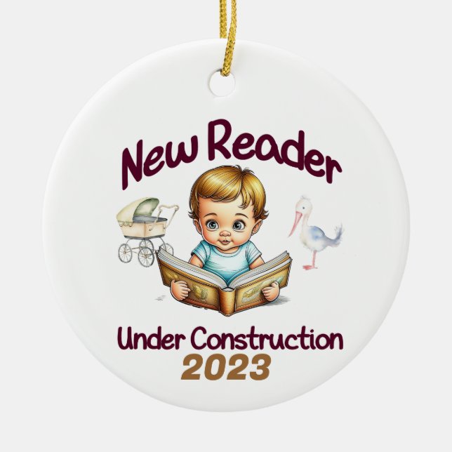 New Reader Under Construction Ceramic Tree Decoration (Front)
