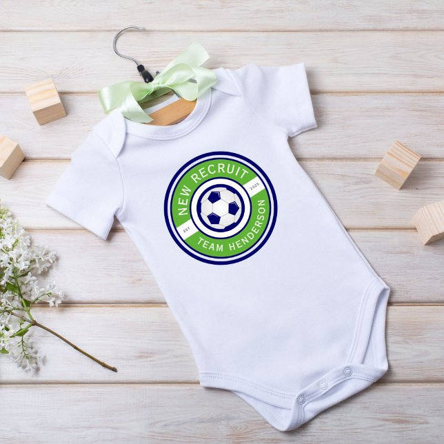 "New Recruit" Custom family name green soccer logo Baby Bodysuit (Creator Uploaded)