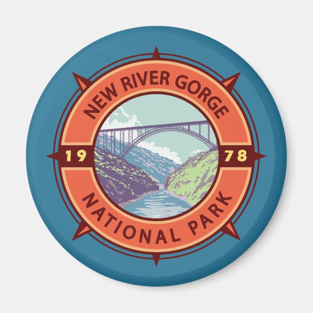 New River Gorge National Park Retro Compass Emblem Magnet (Front)