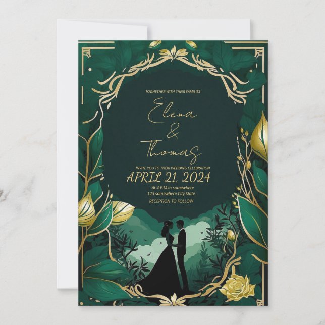 New Romantic Golden and Emerald Green  Invitation (Front)
