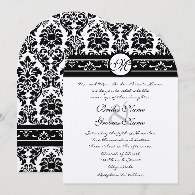 New Sizes Black Damask Swirls Wedding Invitation (Front/Back)