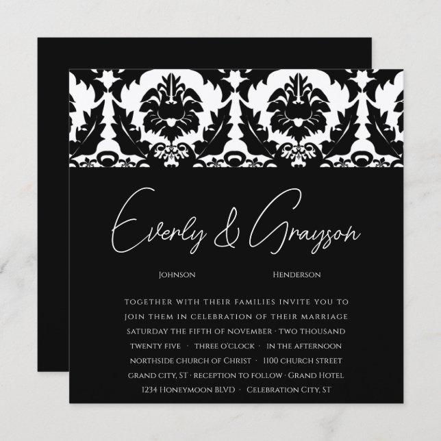 New Sizes Black Damask Swirls Wedding Invitation (Front/Back)