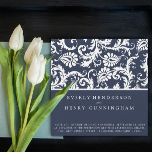 New Sizes  Navy Damask Swirls Wedding Invitation