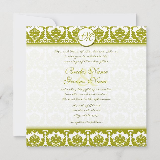 New Sizes Olive Lime Damask Wedding Invitation (Front)