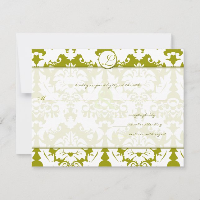 New Sizes Olive Lime Damask Wedding RSVP Card (Front)