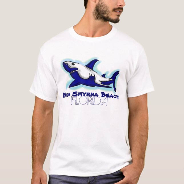 New Smyrna Beach Florida blue shark guys tee (Front)