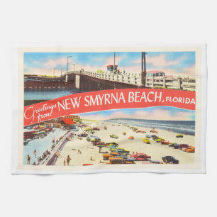 New Smyrna Beach Florida FL Old Travel Souvenir Tea Towel