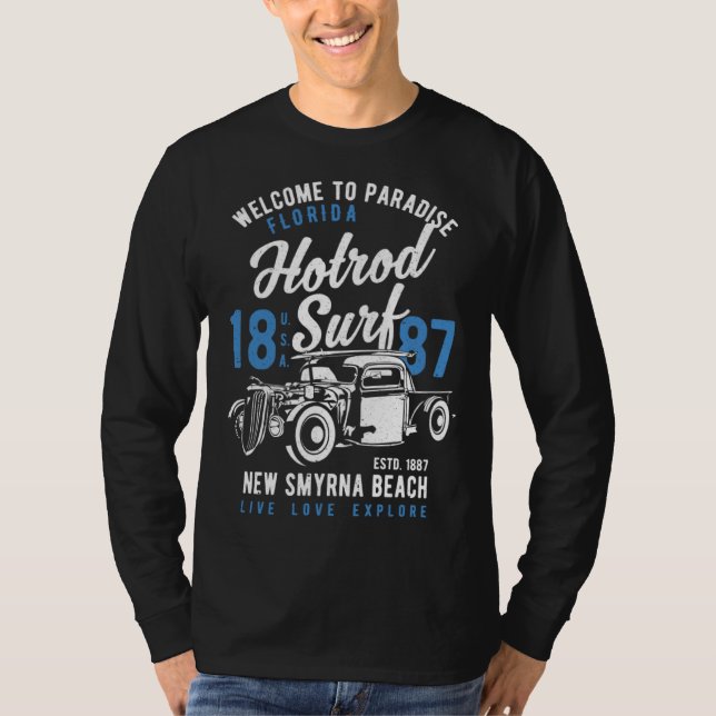 New Smyrna Beach Florida Retro Hotrod Surf Distres T-Shirt (Front)