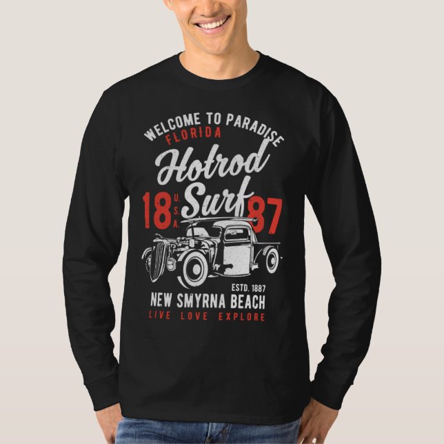 New Smyrna Beach Florida Retro Hotrod Surf Distres T-Shirt (Front)