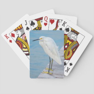 New Smyrna Beach, Snowy Egret on dock Playing Cards