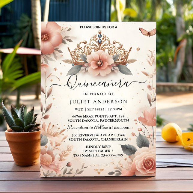 New Tiara Family Latina Girly Spanish Quinceanera Invitation (Creator Uploaded)