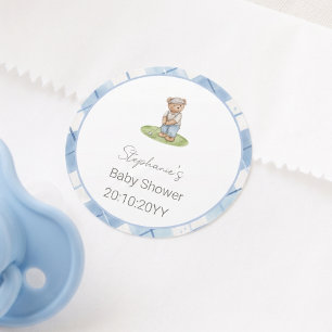 New to the Club Blue Golfing Bear Baby Shower Classic Round Sticker