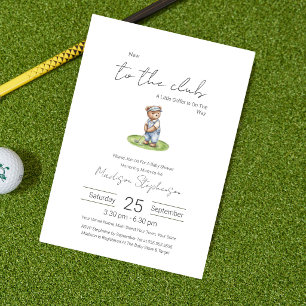 New to the Club Blue Golfing Bear Baby Shower Invitation