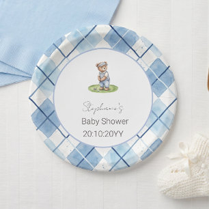 New to the Club Blue Golfing Bear Baby Shower Paper Plate